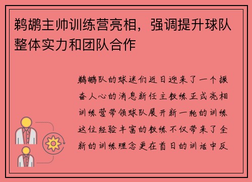 鹈鹕主帅训练营亮相，强调提升球队整体实力和团队合作