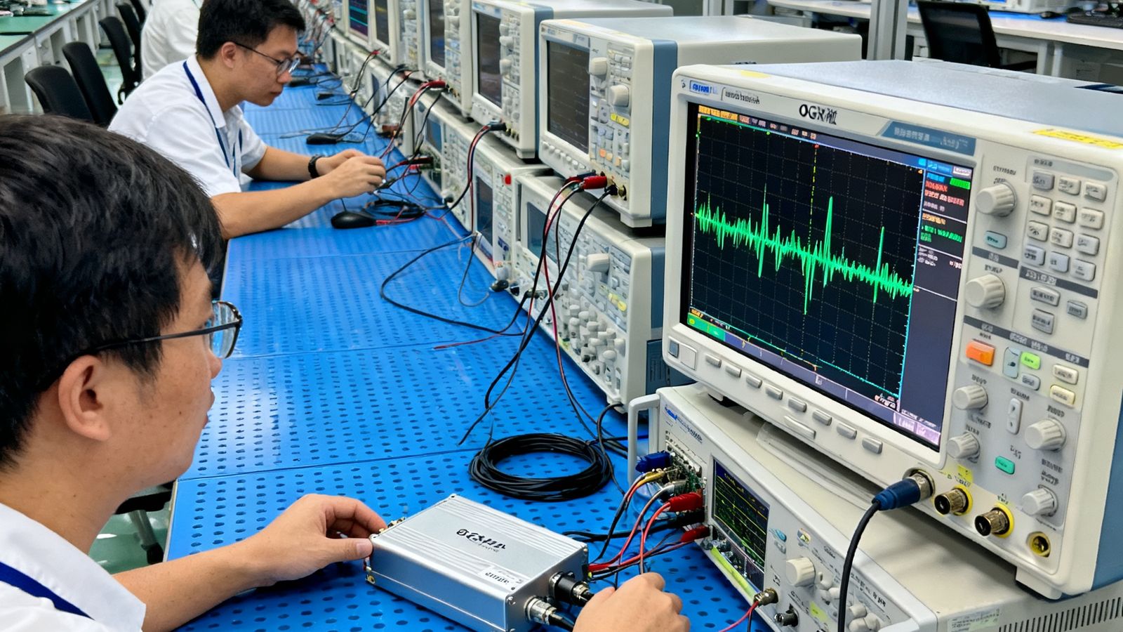 OG视讯深圳总部研发实验室内，多名工程师正在对8K光纤传输器进行信号完整性测试，示波器屏幕上显示高速眼图波形，蓝色防静电地板与整齐排列的测试设备展现专业研发环境。