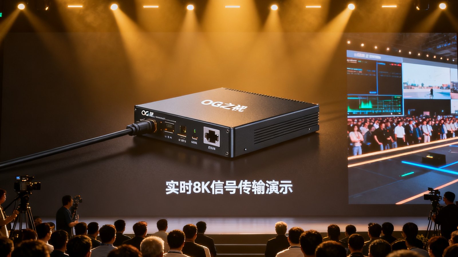OG视讯第三代8K光纤传输器发布会现场，产品在聚光灯下展示，背景大屏幕播放着实时8K信号传输演示画面，观众席坐满行业专家和媒体记者。