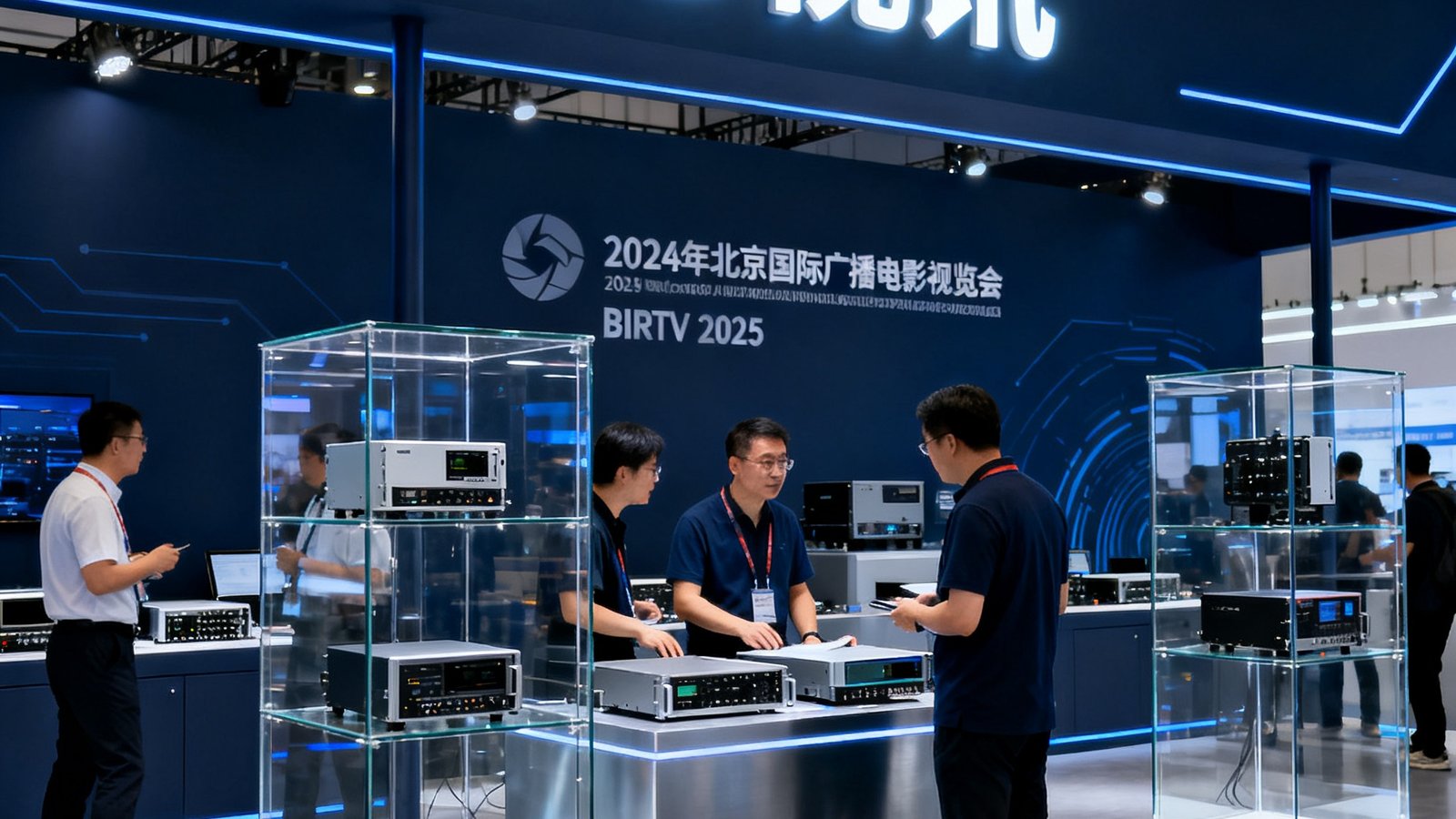 2025年北京国际广播电影电视展览会上OG视讯的展位，展台以深色科技风格搭建，多款传输设备陈列在透明展柜中，参观者正在与技术人员交流。
